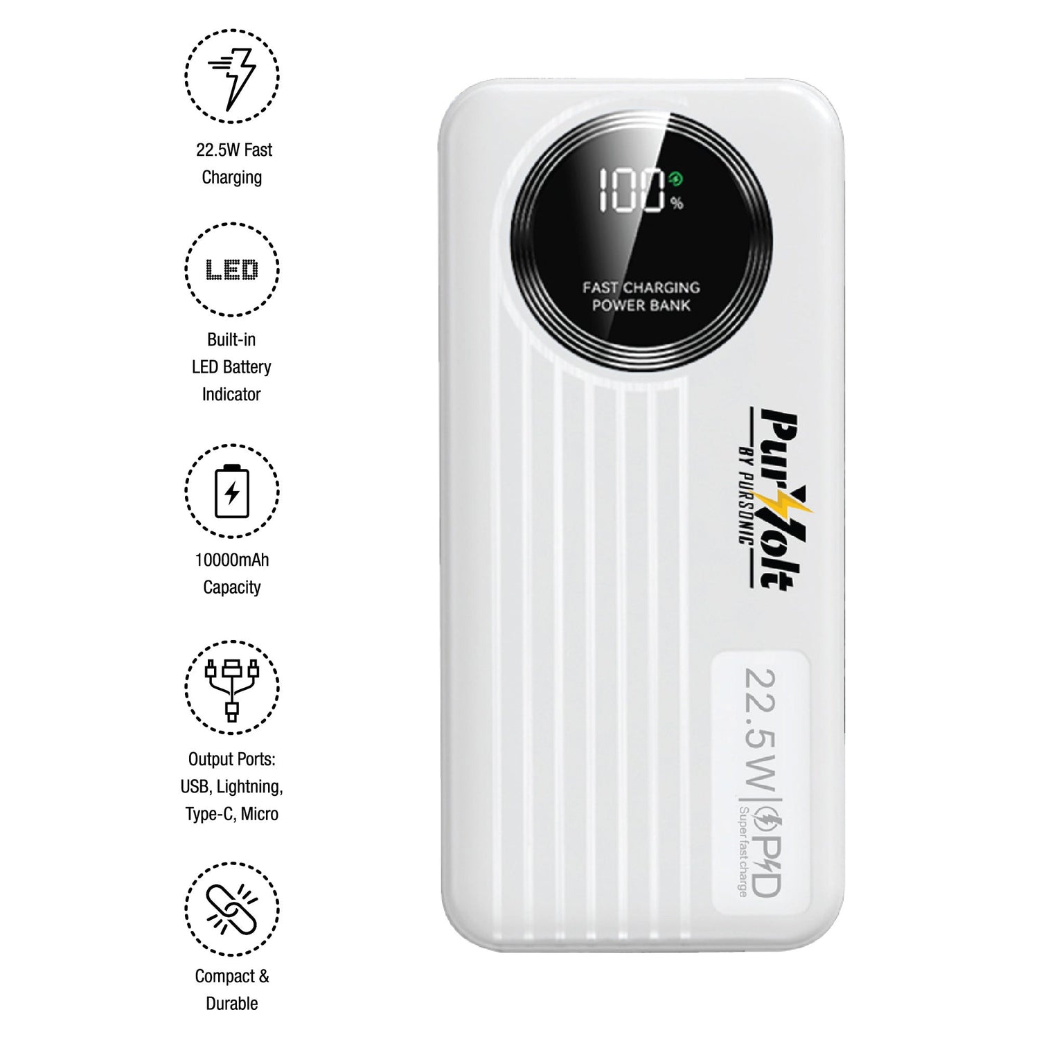 Pursonic 10000mAh LED Fast Charging Power Bank